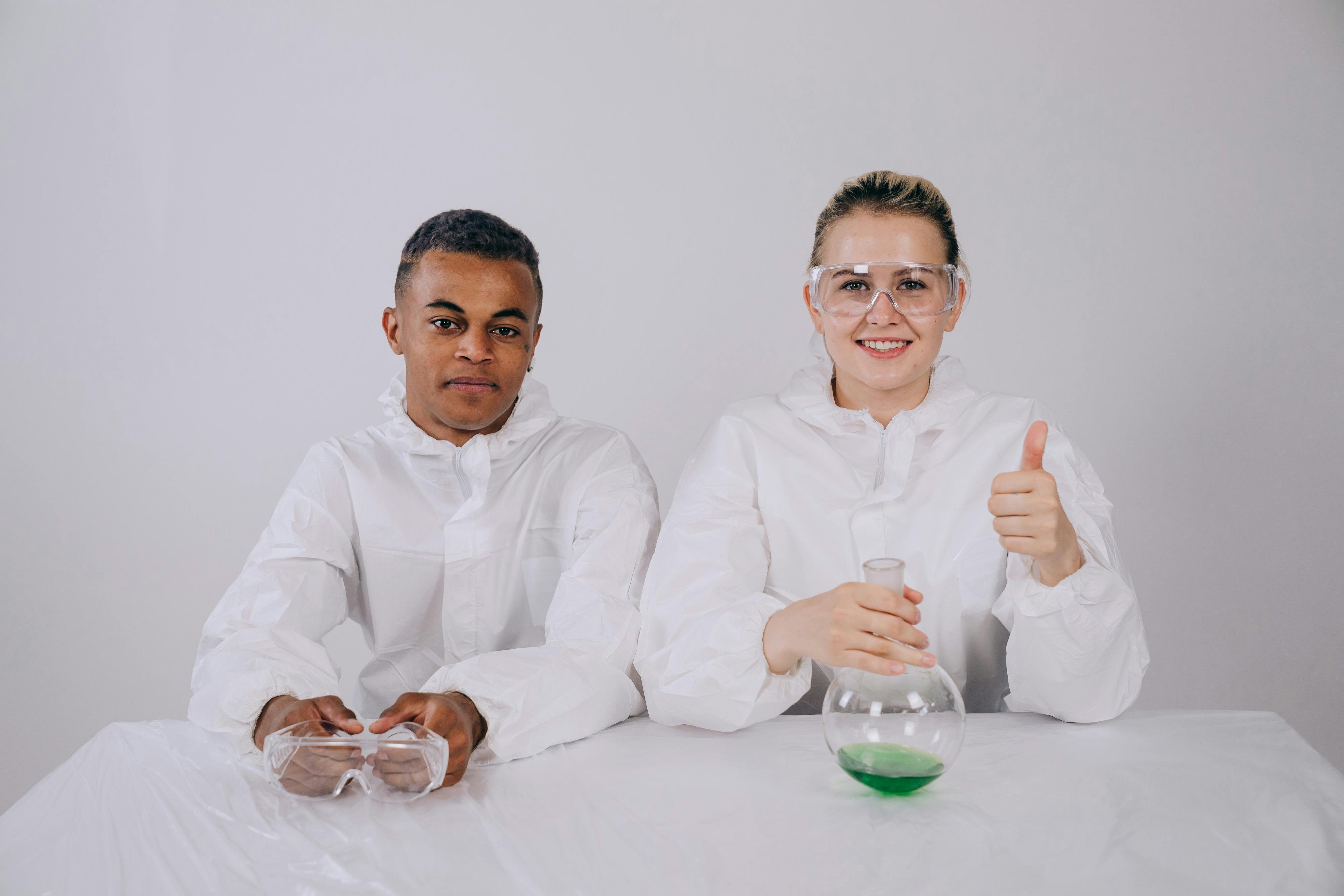 man holding safety glasses and a woman holding a round bottom flask