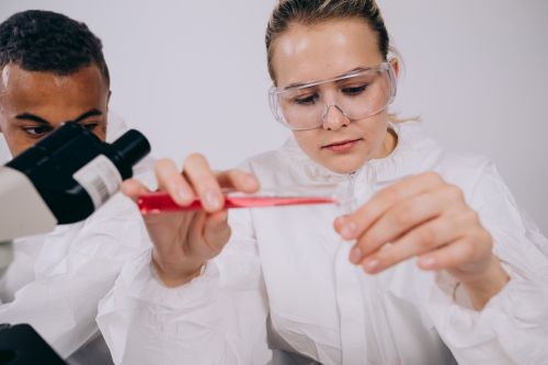 Free Two scientists in a lab conducting a precise experiment using laboratory equipment. Stock Photo
