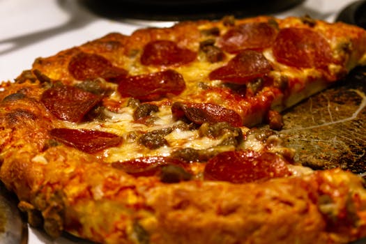 Mouthwatering pepperoni pizza with melted cheese and mushrooms, ready to eat.
