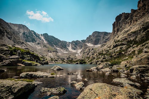 Scenic View of a Lake Surrounded by a Rocky Mountain