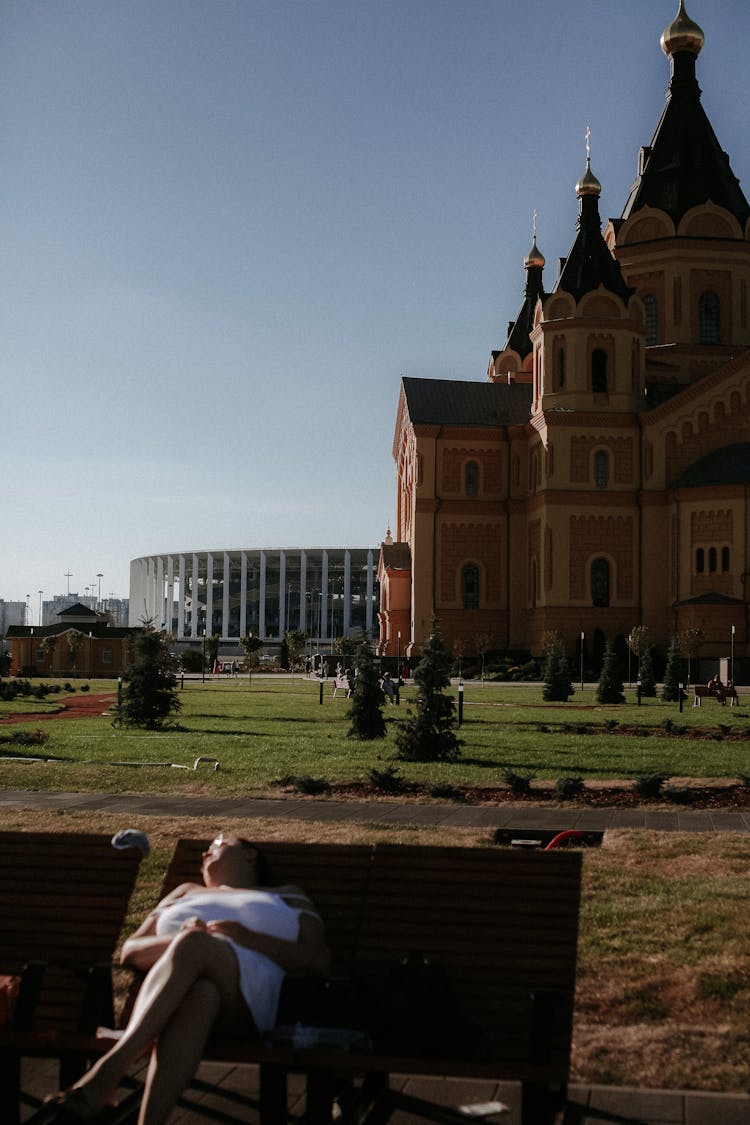 Tourist Relaxing By Alexander Nevsky Cathedral