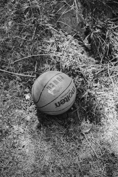 Grayscale basketball lying on textured grass outdoors.