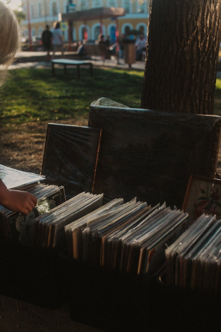 Vinyl Records In Boxes Outdoors