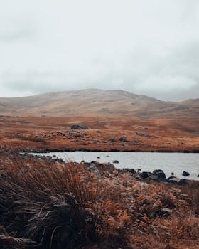 Breathtaking autumn landscape featuring a calm lake amidst rolling hills under an overcast sky.