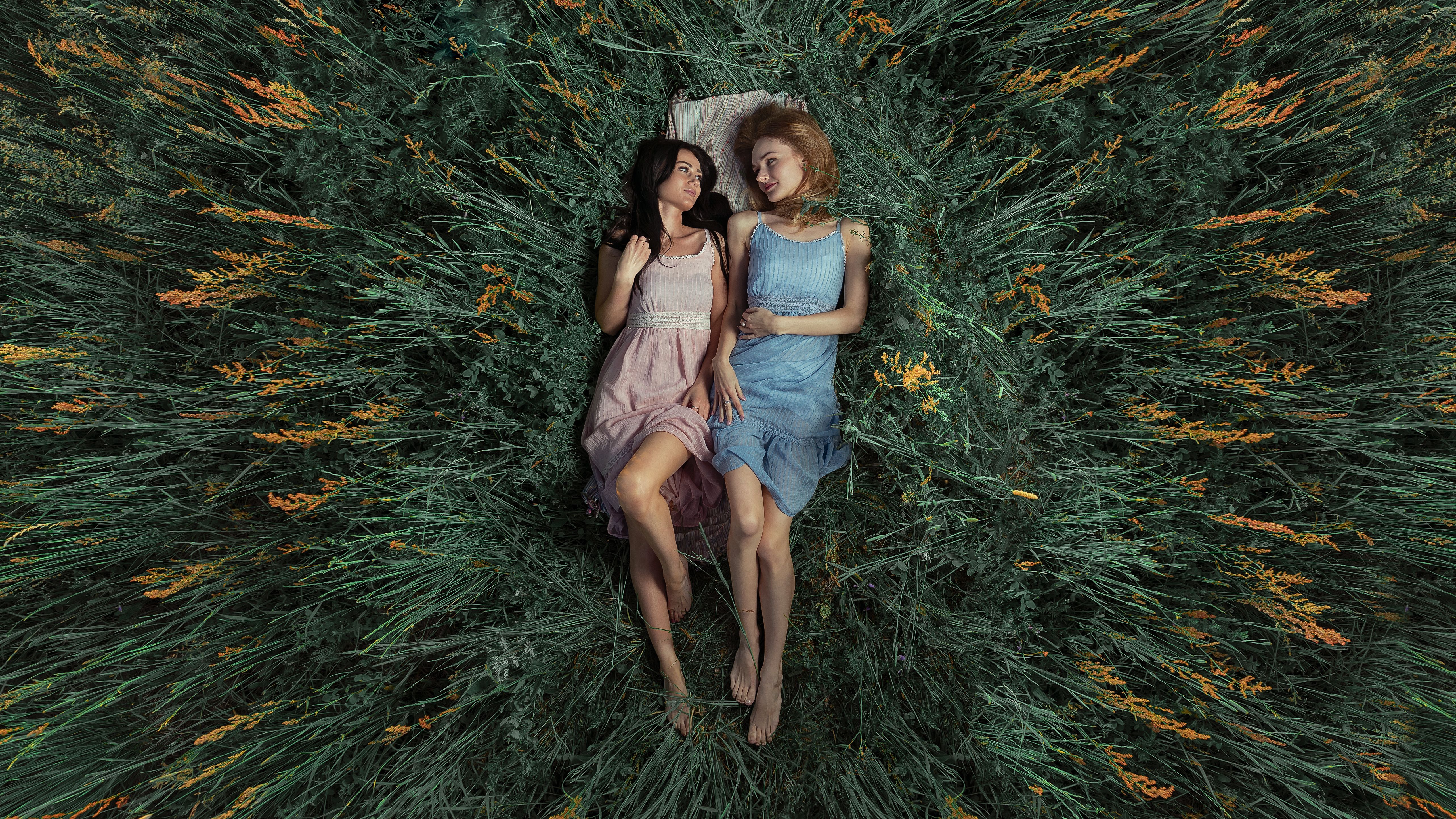 Top View of Young Women Lying Down in a Field · Free Stock Photo