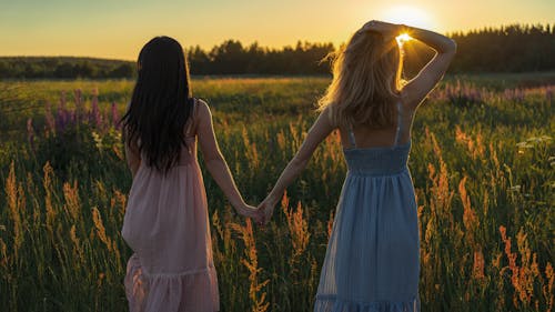 Girls Wearing Dresses Standing on Grass Field