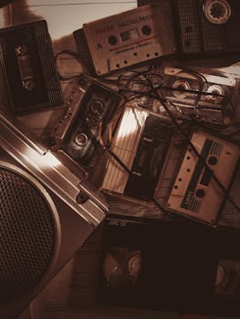 A retro-themed still life featuring various cassette tapes and a music recorder.