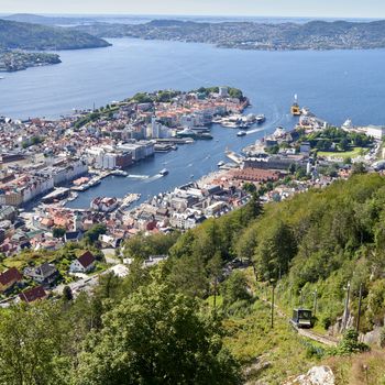 Stunning aerial view of Bergen, Norway, showcasing the city's vibrant architecture and fjord landscape.