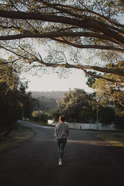 Free A woman walks on a tree-lined road in a peaceful countryside setting at daytime. Stock Photo
