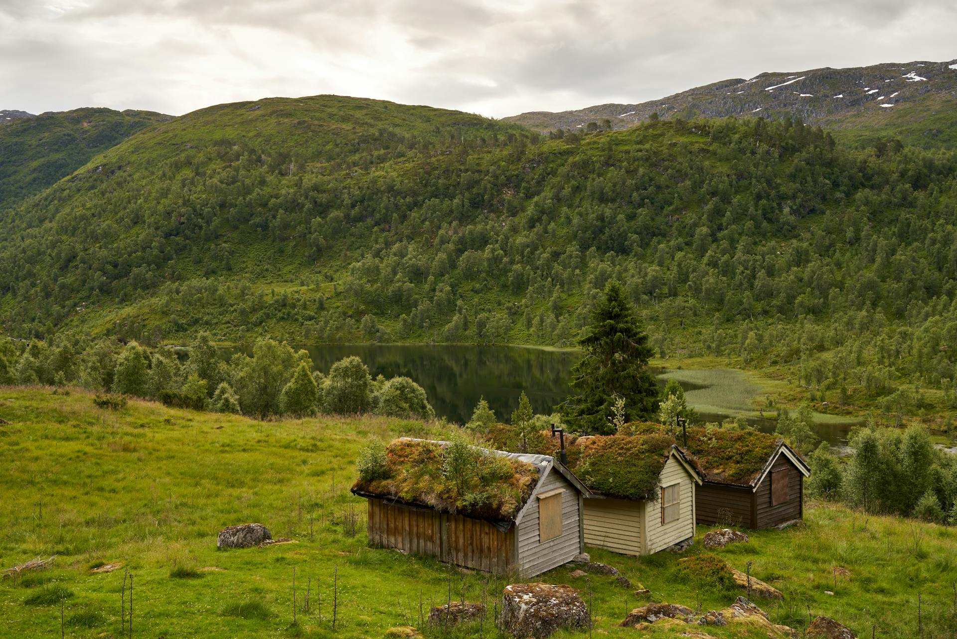 Scenic rural view of wooden cabins with green roofs amid lush hills and a serene lake.