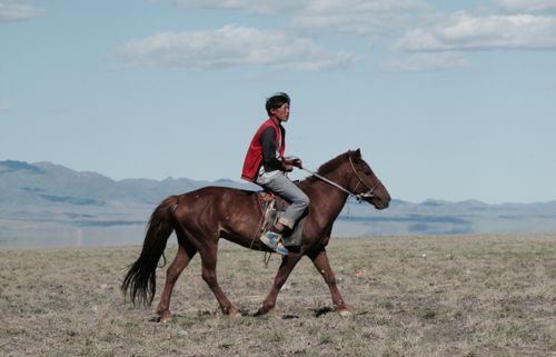Free A man riding a brown horse in a vast grass field with mountains in the background, capturing a countryside adventure. Stock Photo
