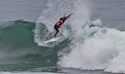 Woman in Red and Black Wetsuit Surfing on Sea Waves