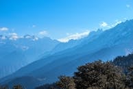 在明亮的蓝天下，哈里德瓦的白雪皑皑的喜马拉雅山和树木呈现出令人惊叹的景色