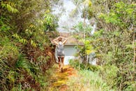 一名女子在白天沿着郁郁葱葱的丛林小路，走向一所僻静的房子