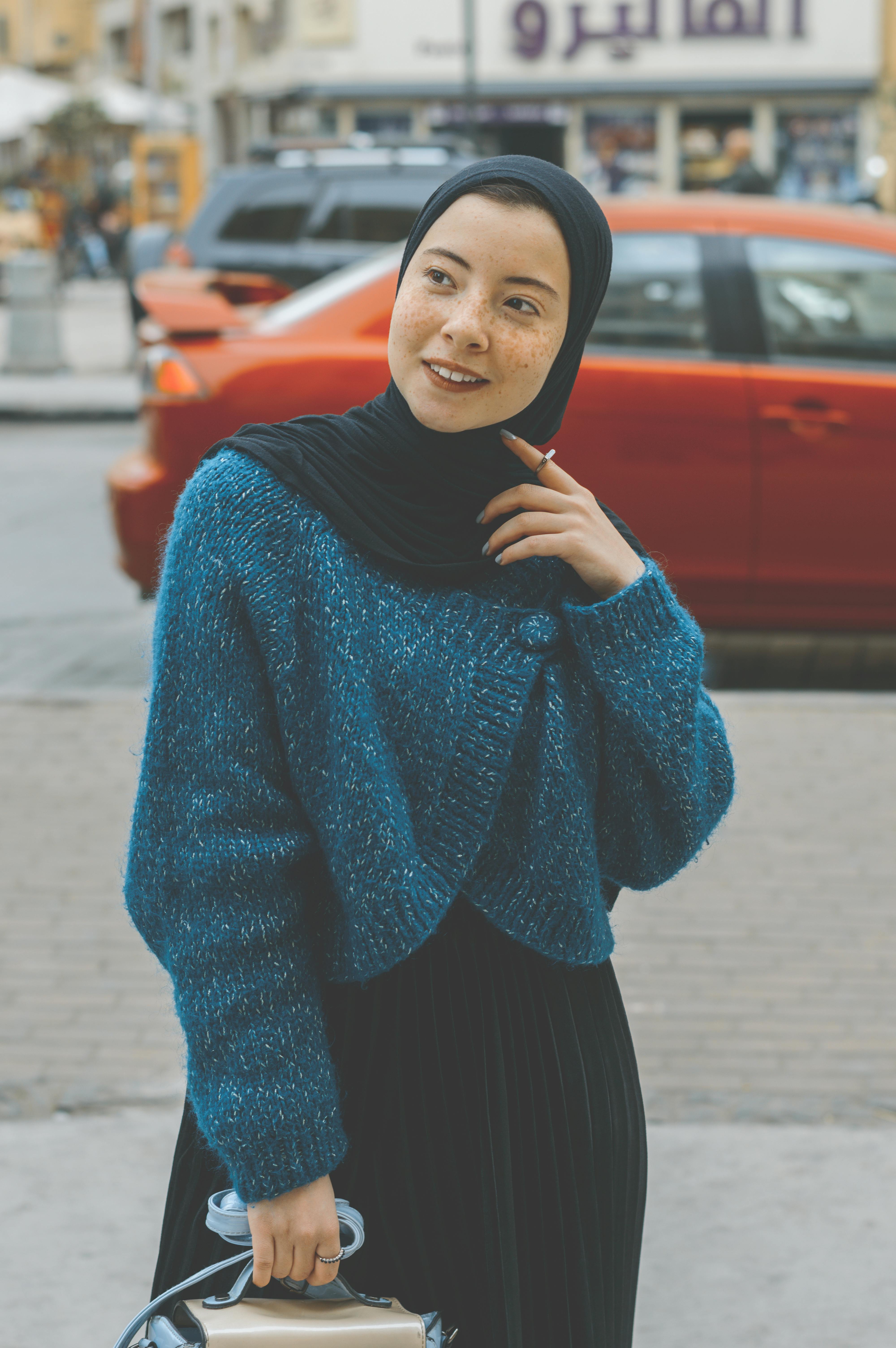 Woman in Blue Sweater With Black Hijab  Outfit   Free Stock 