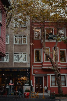Charming Istanbul street with cozy cafés, colorful facades, and autumn leaves creating a moody vibe.