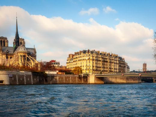 Scenic view of Notre Dame Cathedral by the Seine River in Paris during the day.