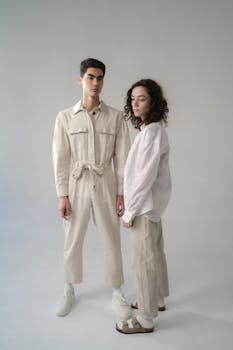 Young models showcasing neutral outfits in a minimalist studio photoshoot.