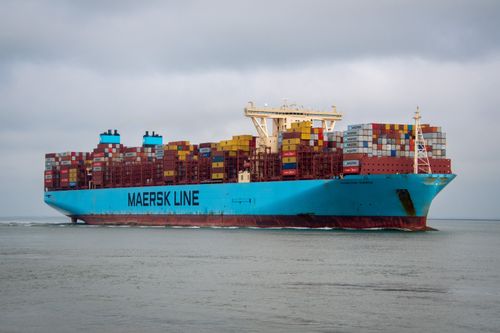 Free A Maersk Line container ship majestically sails on the sea near Terneuzen, Holland. Stock Photo
