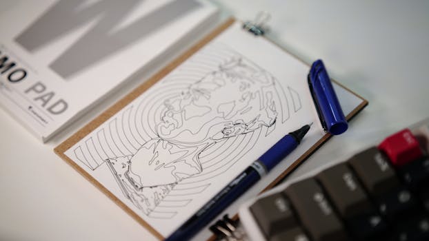 Close-up of a sketch on a clipboard with a blue pen on a tidy workspace.