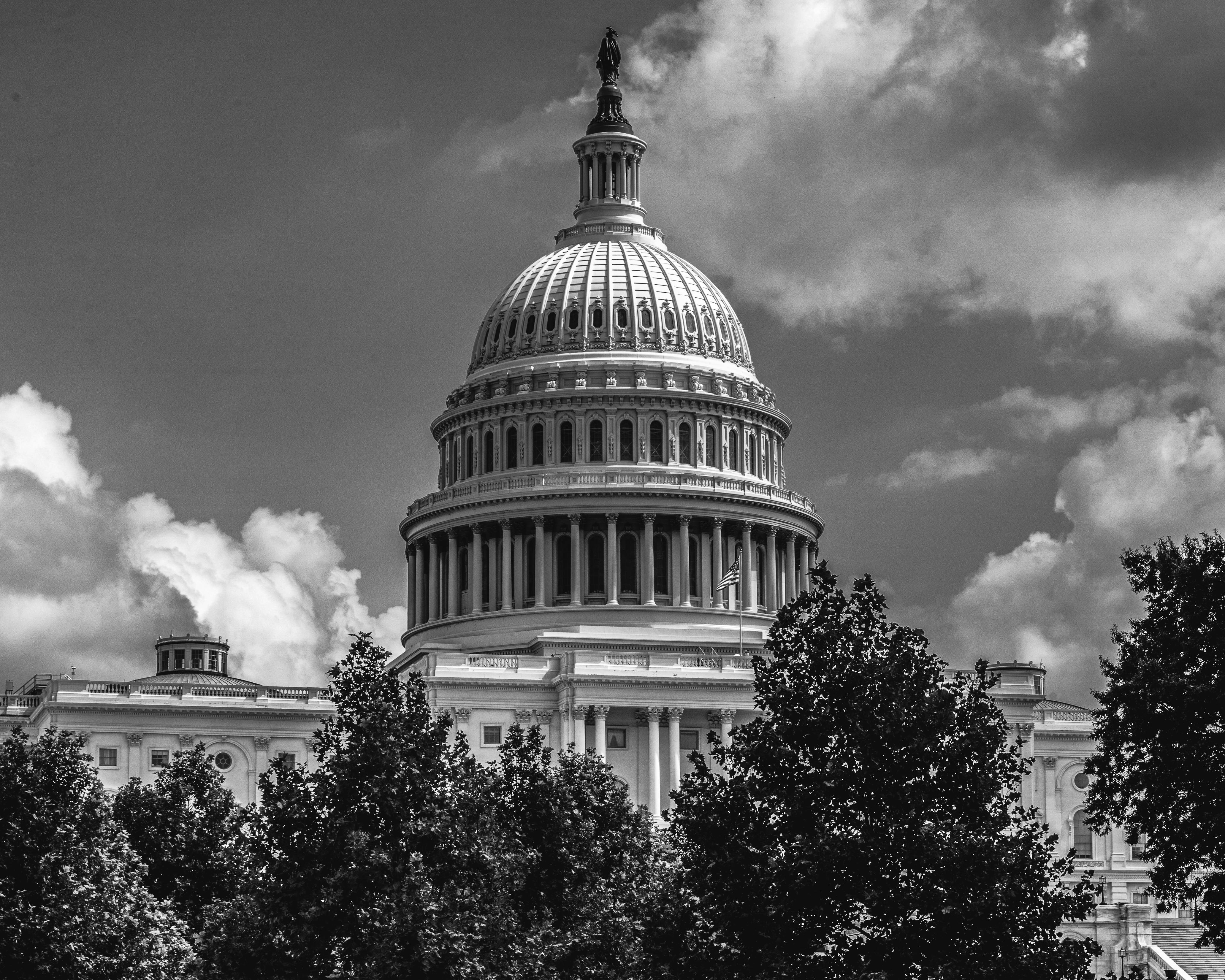 Black and white image of the iconic US Capitol Building, Washington D.C., showcasing its impressive architecture.