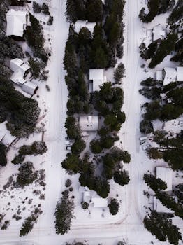 Aerial shot of a snow-covered neighborhood surrounded by trees during winter.