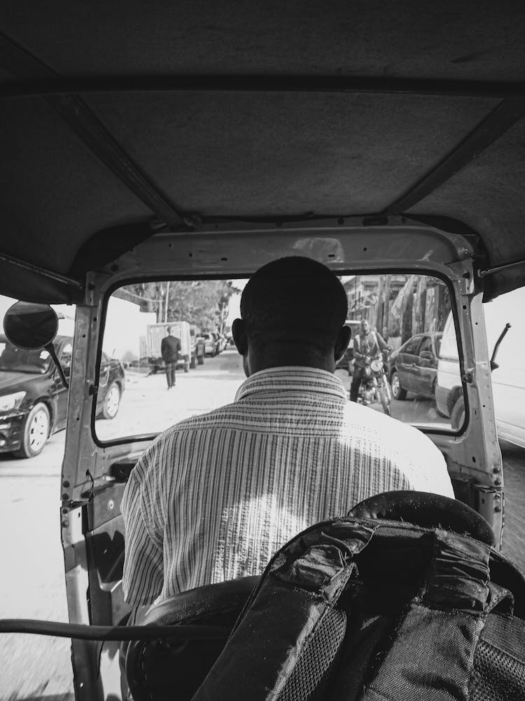 Back View Of A Driver Driving With A Tourist 