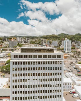 White office building against a backdrop of urban cityscape and blue skies.