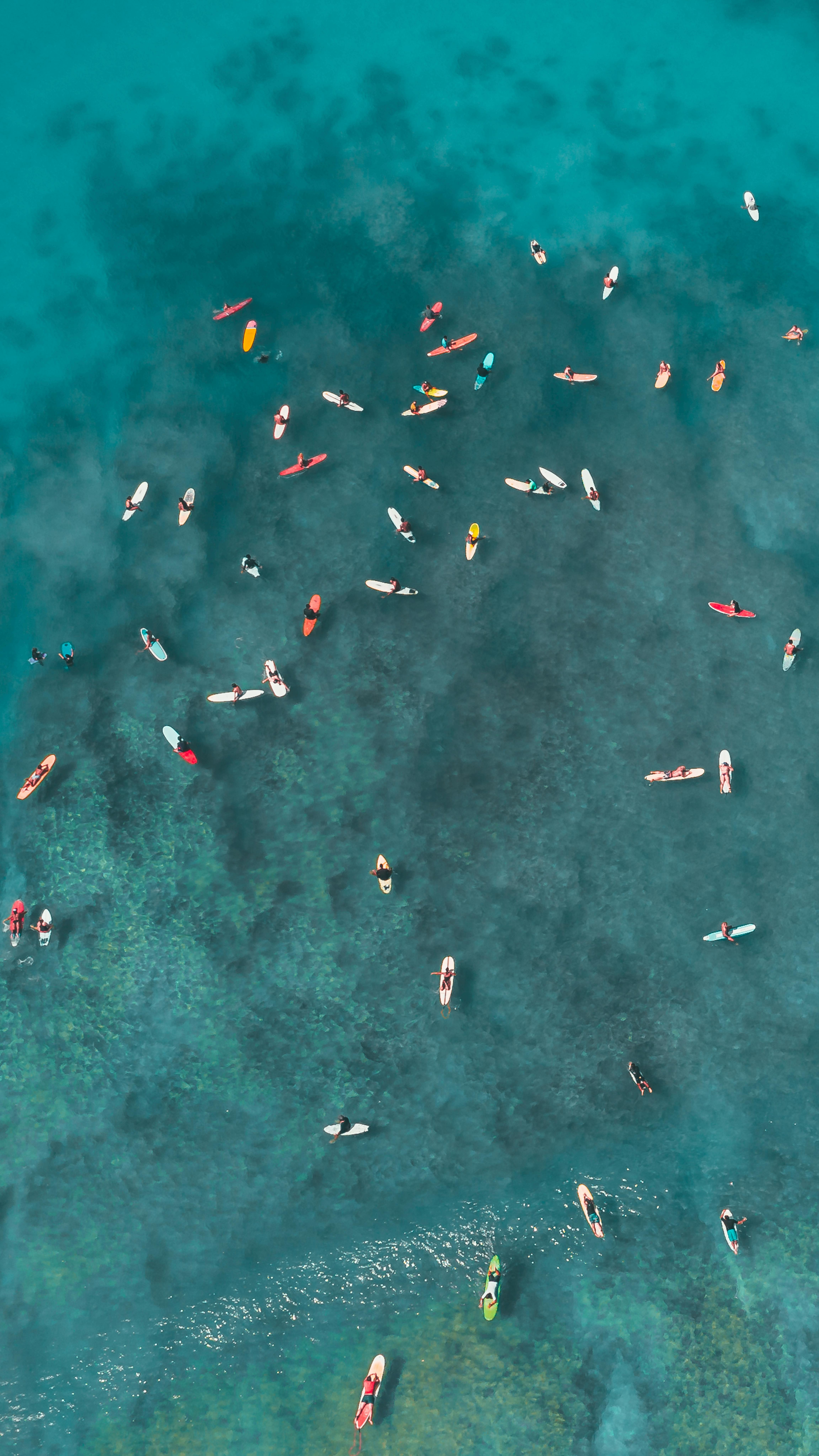 无人机拍摄的五颜六色的桨板散落在湛蓝的大海上，俯视图