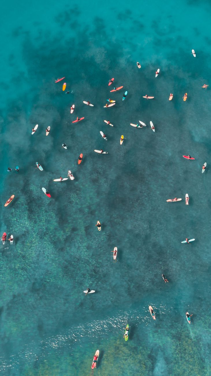 Drone shot of colorful paddleboards scattered across clear blue sea, top view.