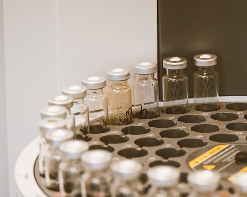 Vials arranged in a lab rack, showcasing scientific organization and research preparation.