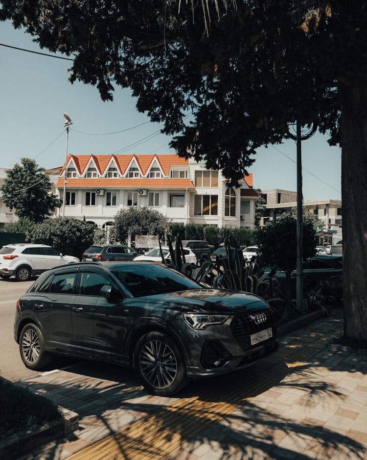 Car Parked Under A Tree And Building In Background