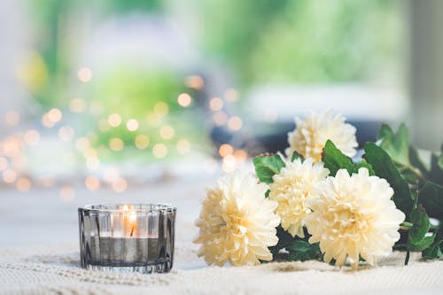 Selective Focus Photo of a Burning Candle Near White Chrysanthemum Flowers