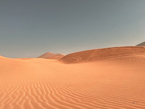 A vast and dry desert with rippled sand dunes under a clear blue sky.
