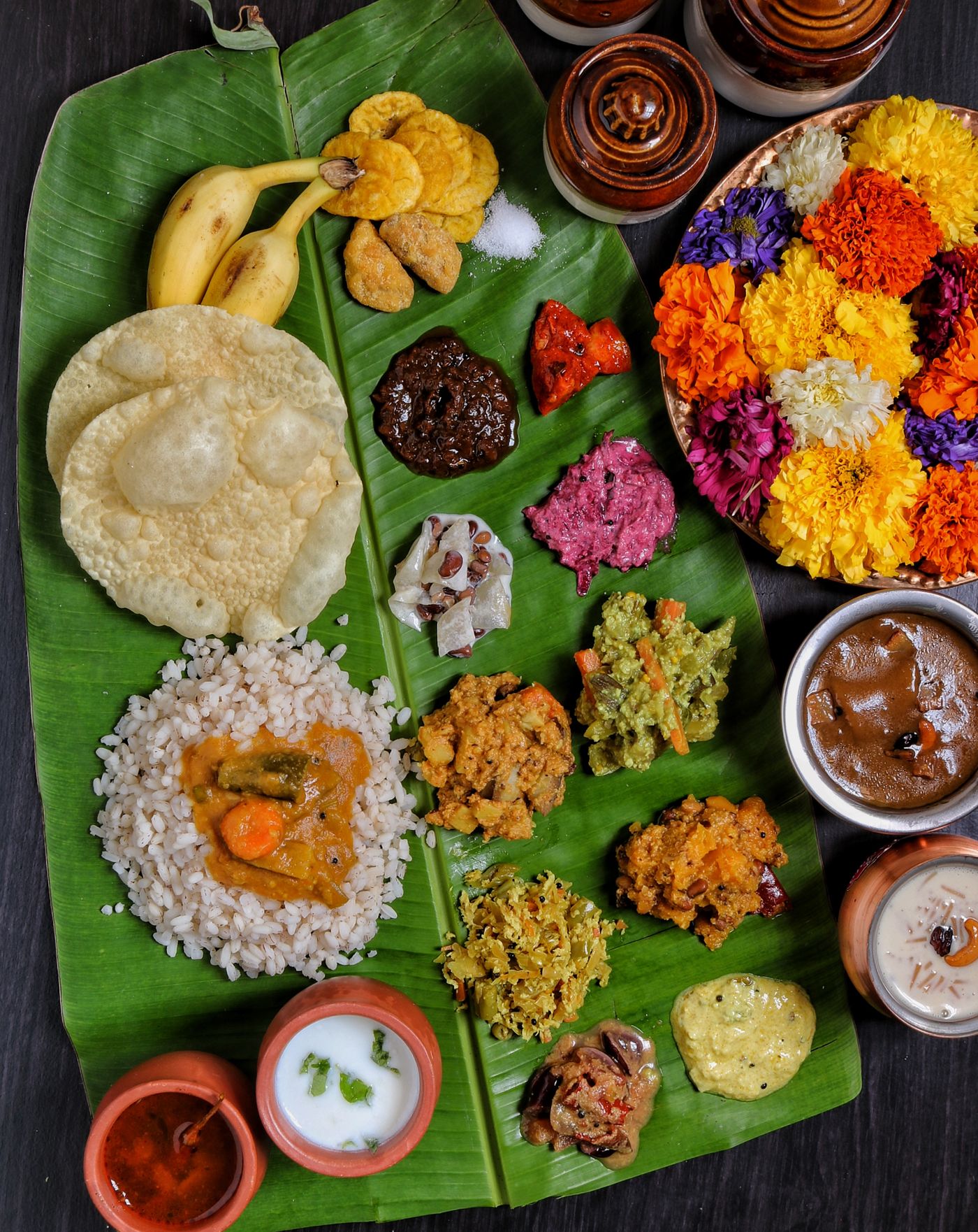 A rice feast served on a leaf