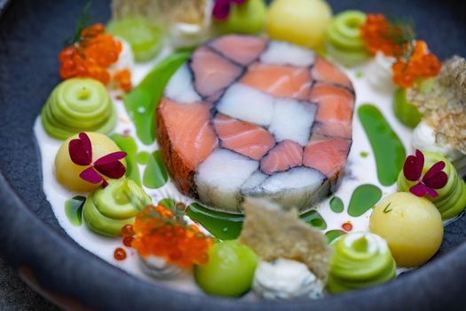 Beautifully presented salmon mosaic dish with vibrant green garnish, perfect for gourmet food enthusiasts.