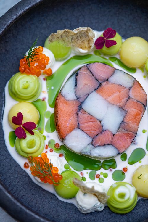 Free Elegant salmon and avocado dish with creative presentation emphasizing culinary artistry. Stock Photo