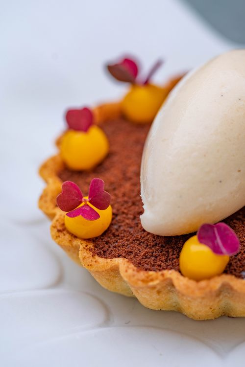 Free Close-up of a gourmet dessert tart topped with ice cream and garnished with flowers. Stock Photo