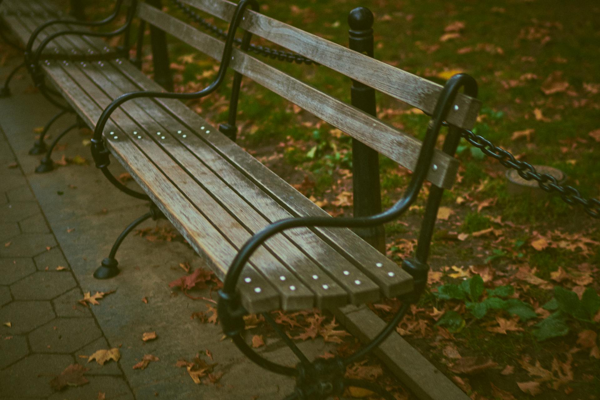 Rustic wooden bench in a park surrounded by fallen autumn leaves.