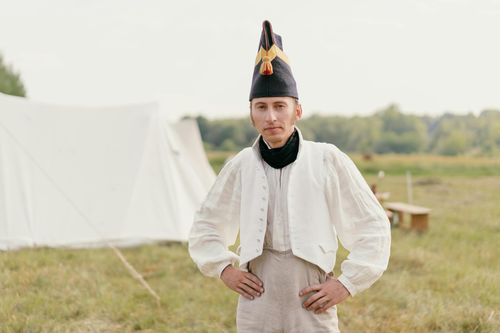 Man From the Historical Reenactment Group Wearing a French Napoleonic Forage Cap and Uniform