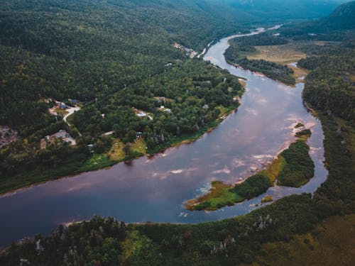 Aerial View of a Large River in a Mountain Valley 