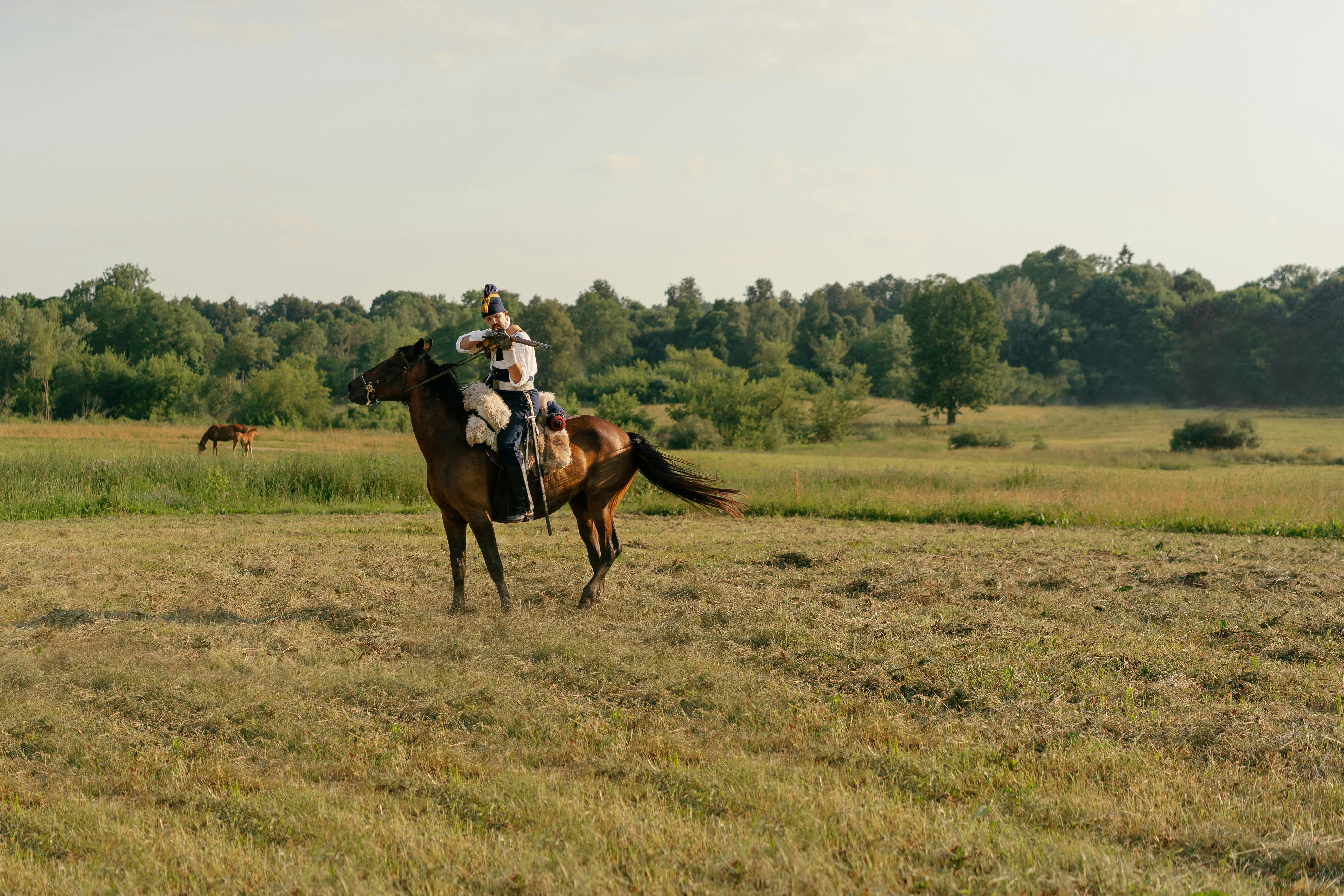 A Hunter Riding on Brown Horse