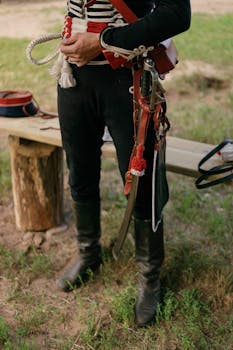 Close-up of a historical military uniform and accessories during a reenactment.