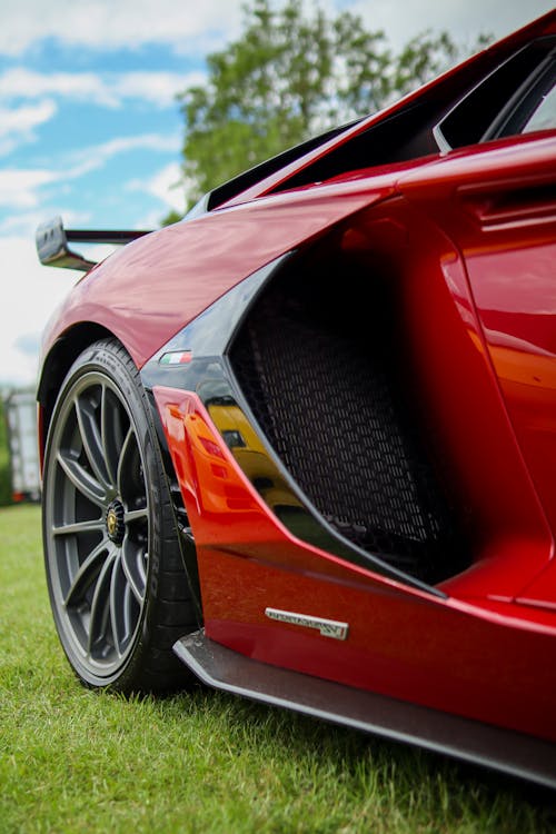 Free A Red Sports Car Parked on a Grassy Field Stock Photo