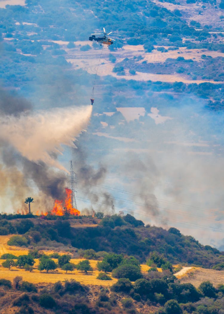 Helicopter Withdraws Water To Eliminate Fires On Forest