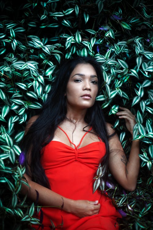 Woman in Red Dress Lying on Plants