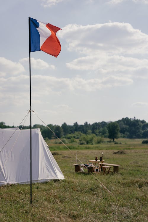 Free Ten and a Hoisted French Flag in the Grass Field Stock Photo