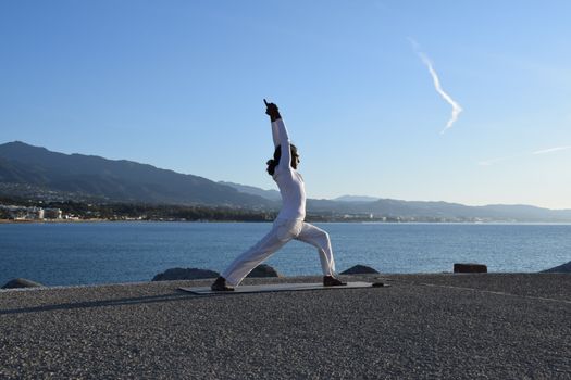 A man doing yoga on a mat by the ocean under a clear blue sky.