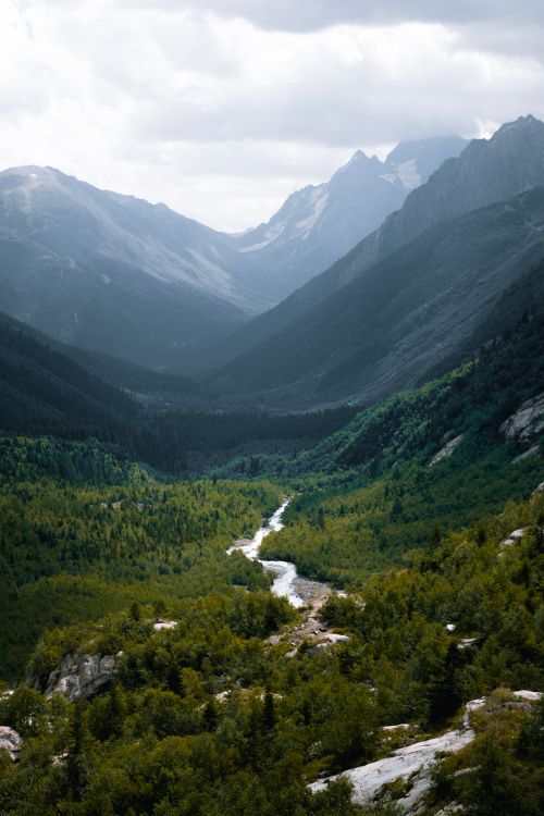 Free A stunning landscape showcasing a lush valley with a clear stream against majestic mountains. Stock Photo