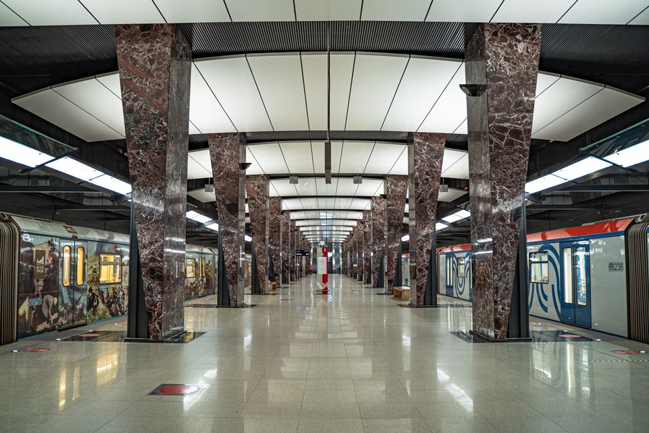 Sofia Metro train arriving at a station, Bulgaria